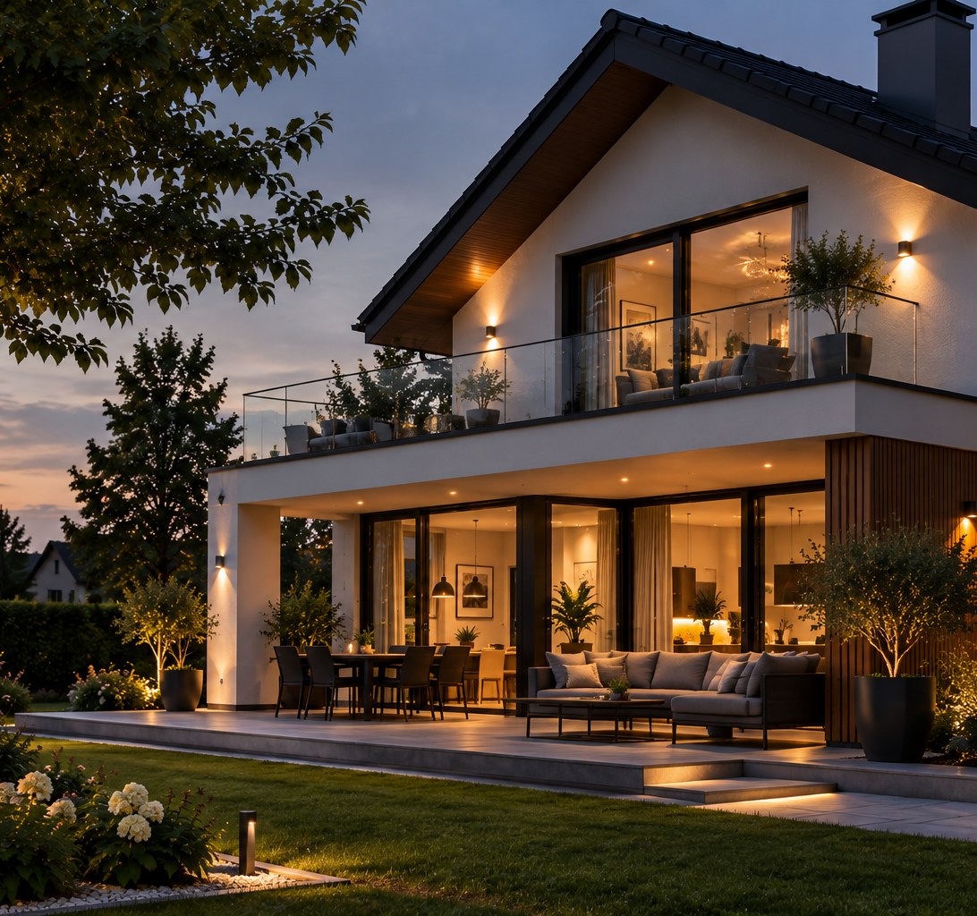 Modernes Wohnhaus am Abend, Verkauf und Vermietung